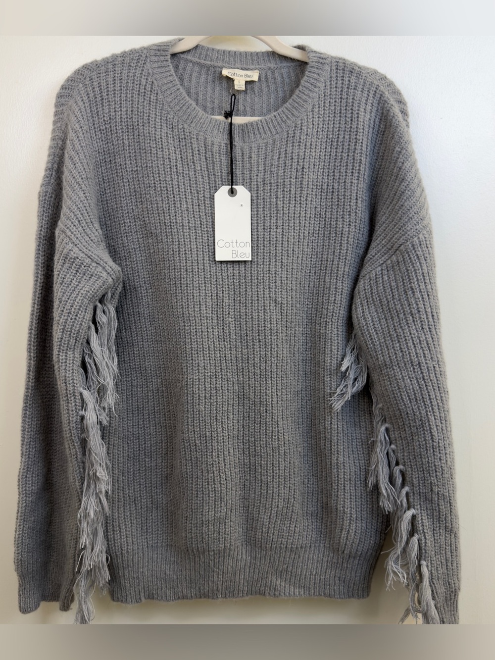 Cotton Bleu Women's Light Gray Fringe Crewneck Sweater